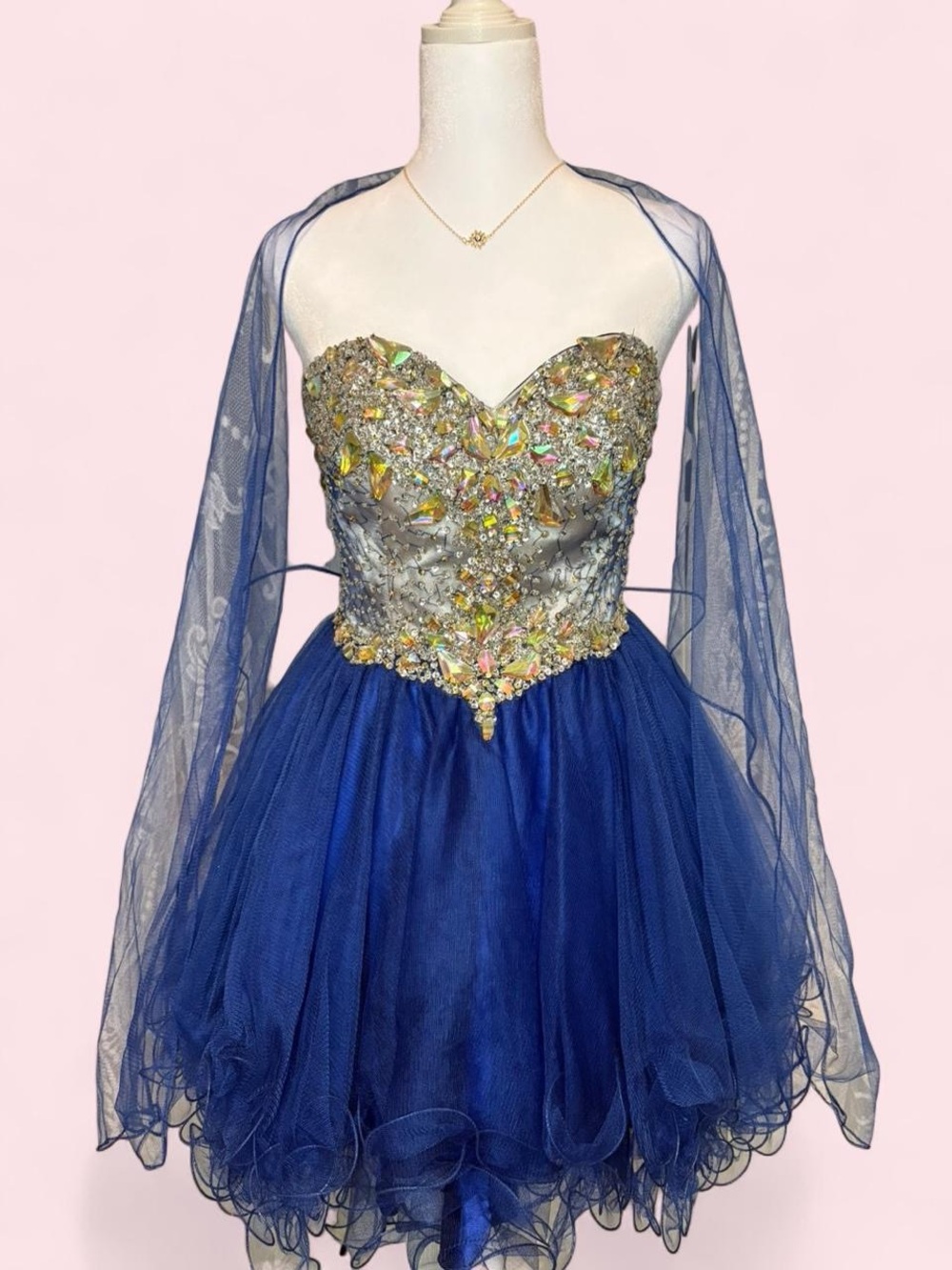 Aspeed Navy Blue Satin Evening Gown with Embellished Trim